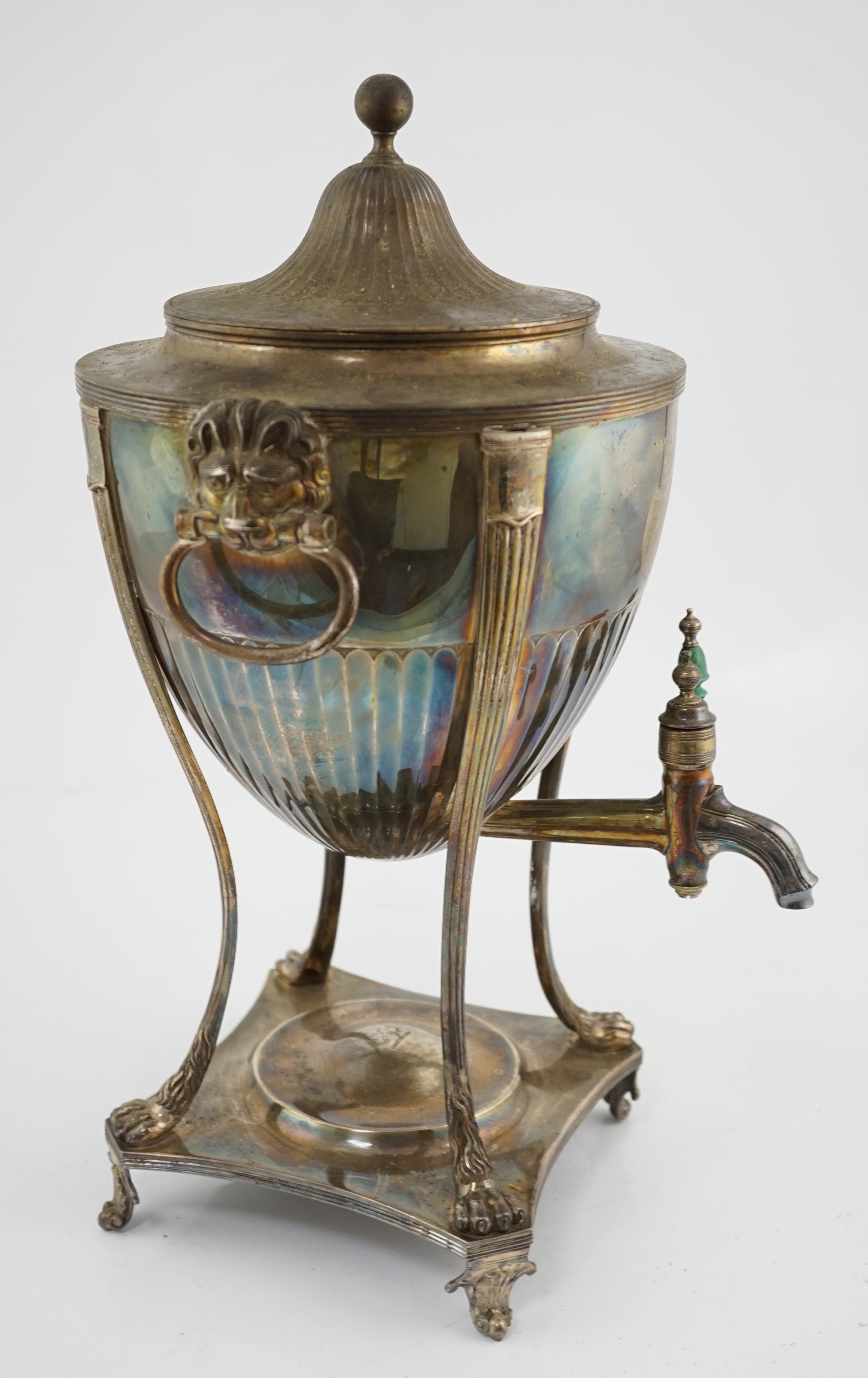 A George III demi-fluted silver tea urn and cover, by John Scofield, CITES submission reference:LS7U2WVX